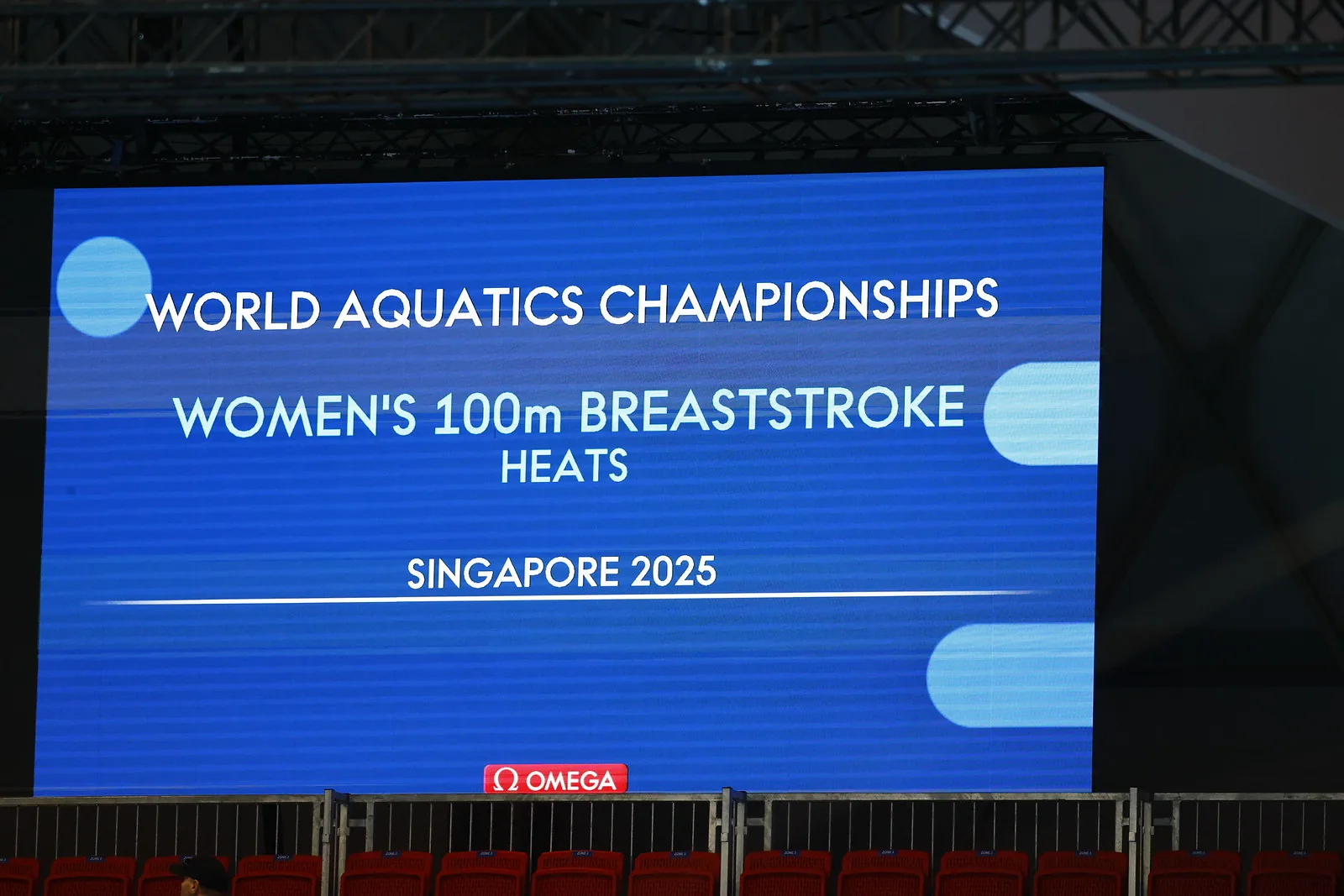A results board at a swimming championship showing the event and heat currently in the water.