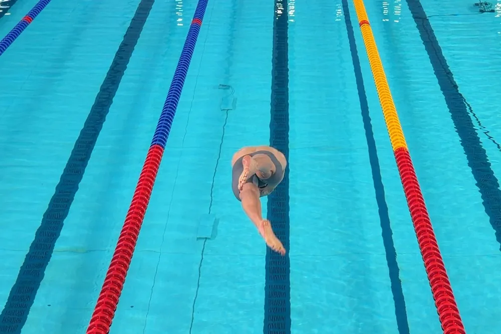 A swimmer diving into a competition pool at the start of a race