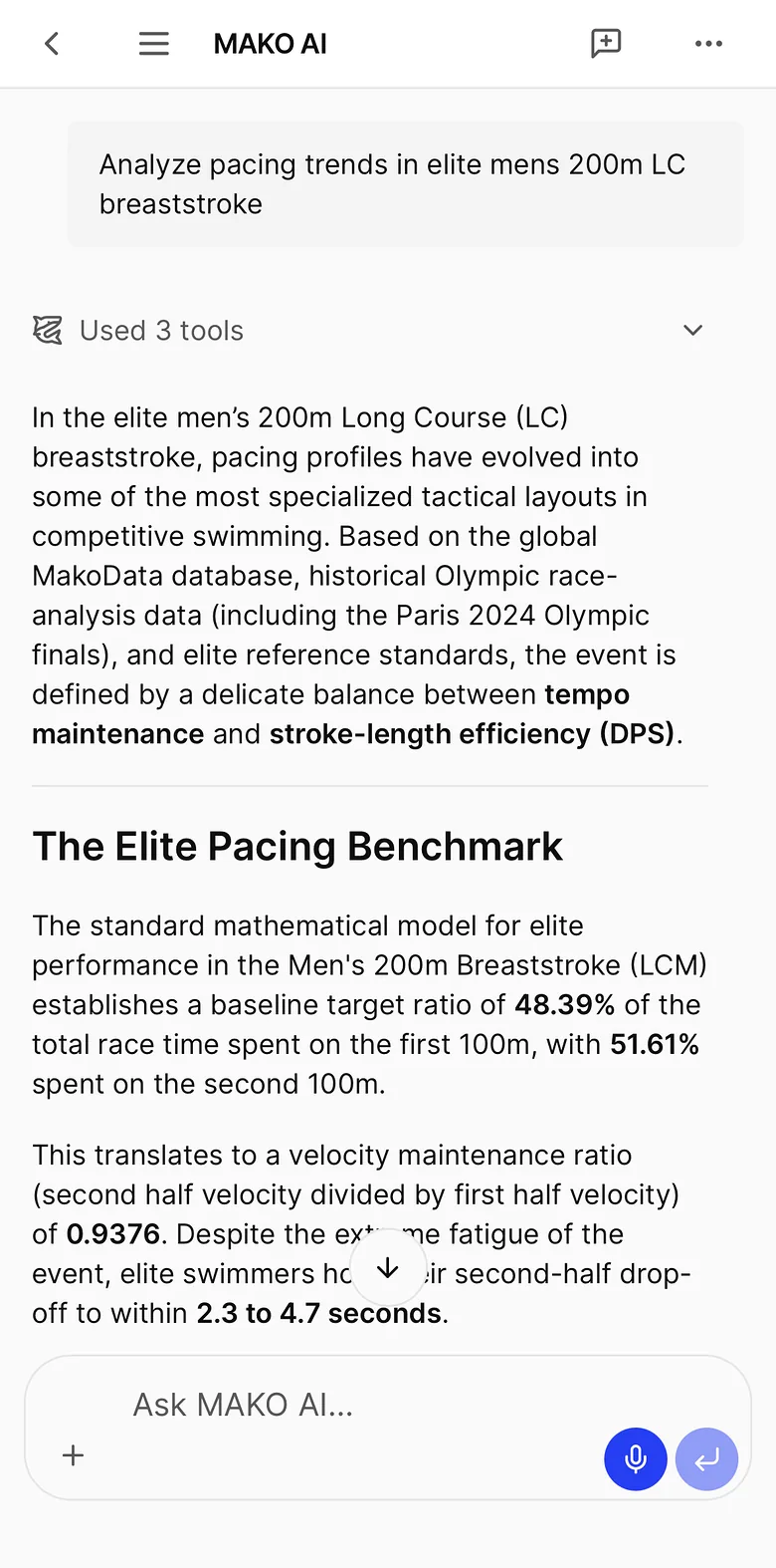 Mako AI on a phone, answering a question about 200m breaststroke pacing with a written analysis of the elite benchmark.