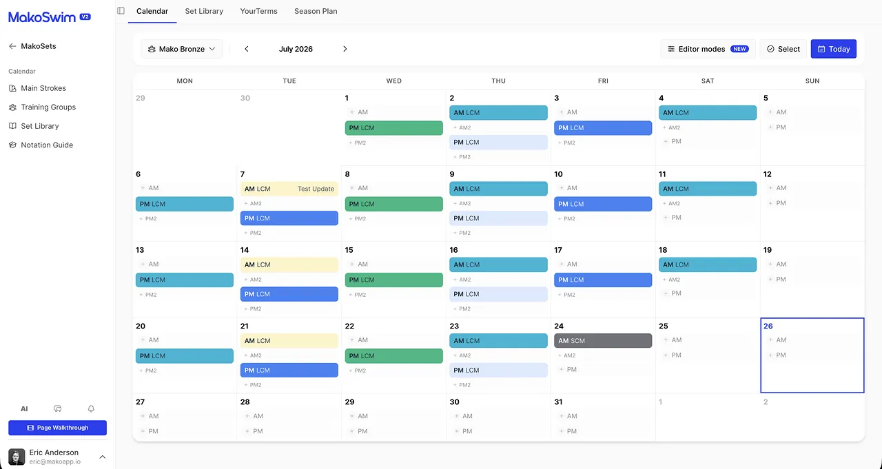 A month of sessions in the MakoSets calendar: AM and PM sessions on every training day, colour-coded by group, with meets marked.
