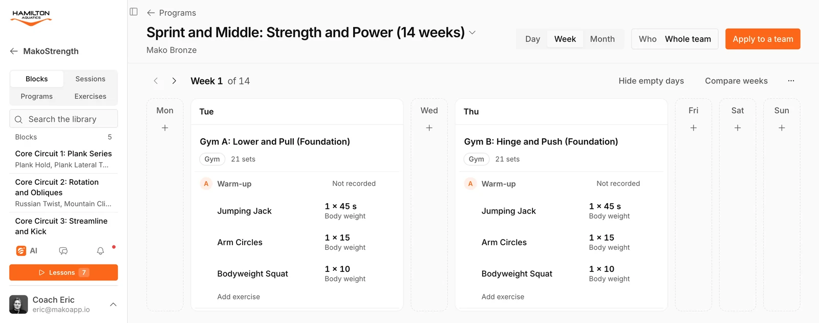 MakoStrength in Hamilton Aquatics’ brand: their logo at the top of the sidebar and their orange on the buttons, over a 14-week strength program for a demo squad.